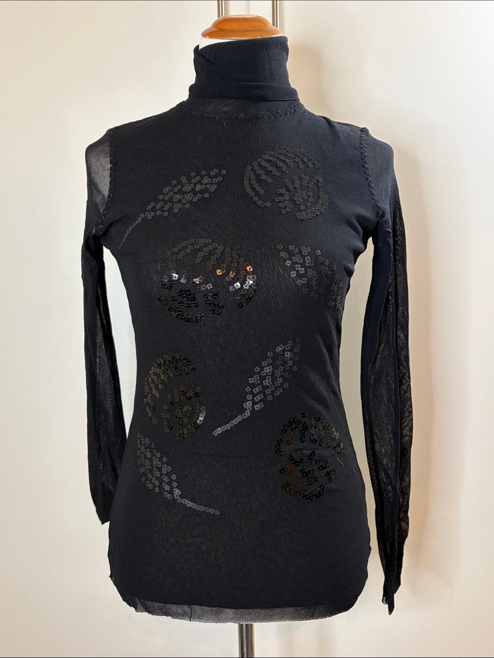 FUZZI Vintage Italy Tulle Mesh & Sequin Black Long Sleeve Tee - L